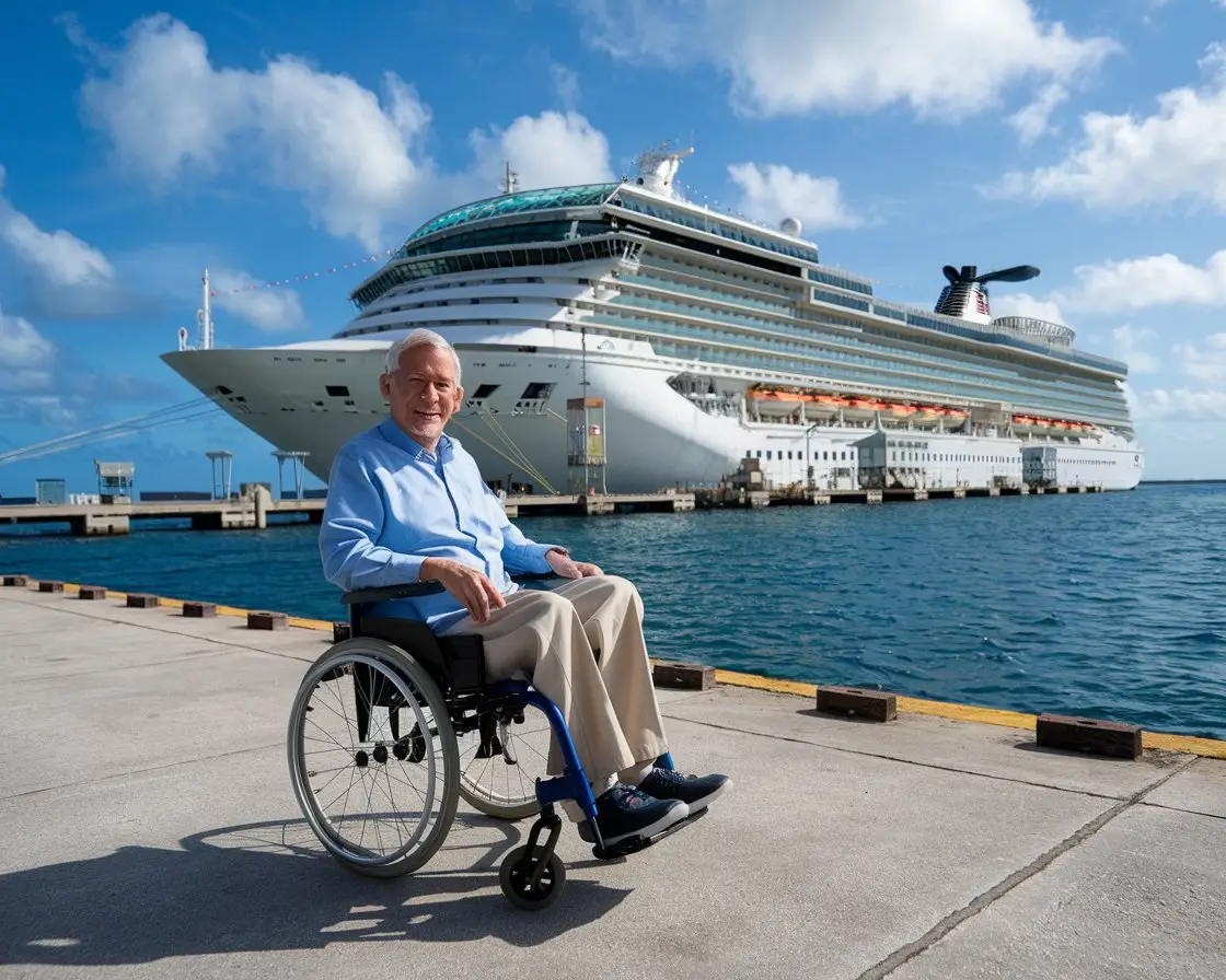 Older man in a wheelchair with a cruise ship in the background on a sunny day at Cruise Port of Nassau, Bahamas