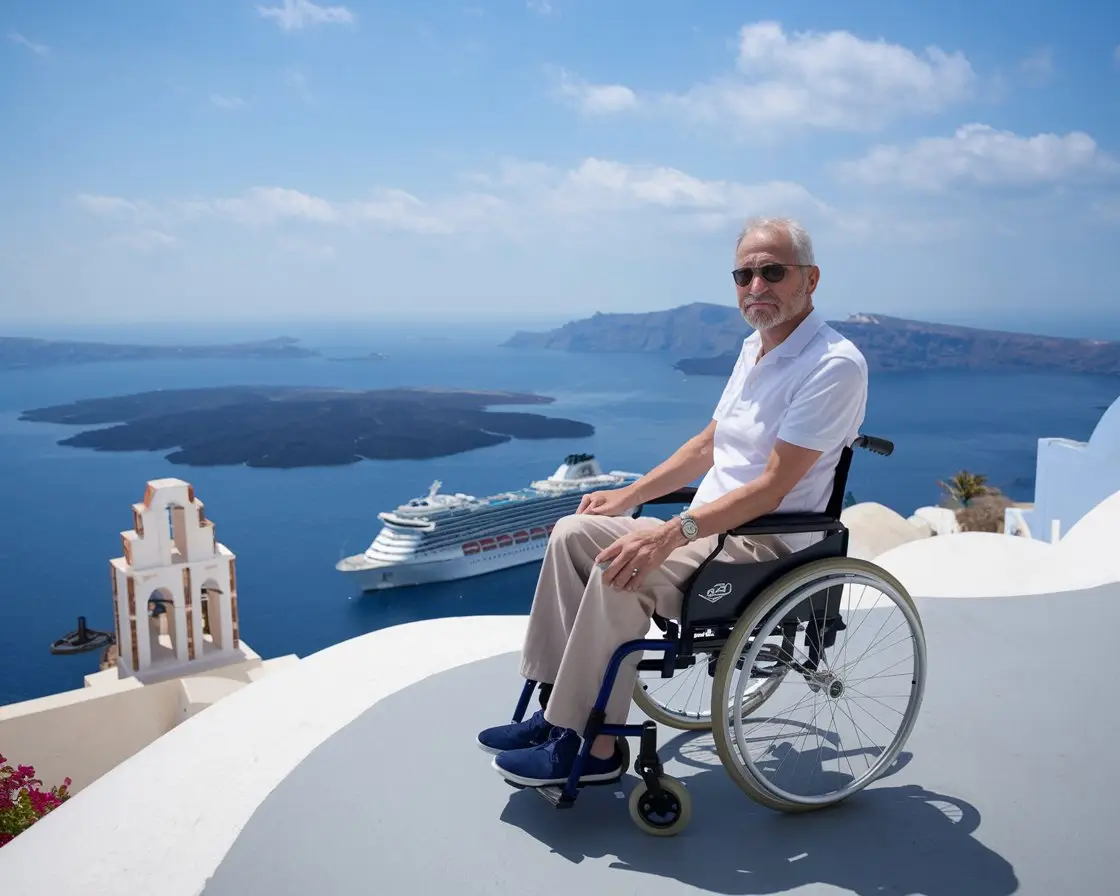 Older man in a wheelchair with a cruise ship in the background on a sunny day at Santorini