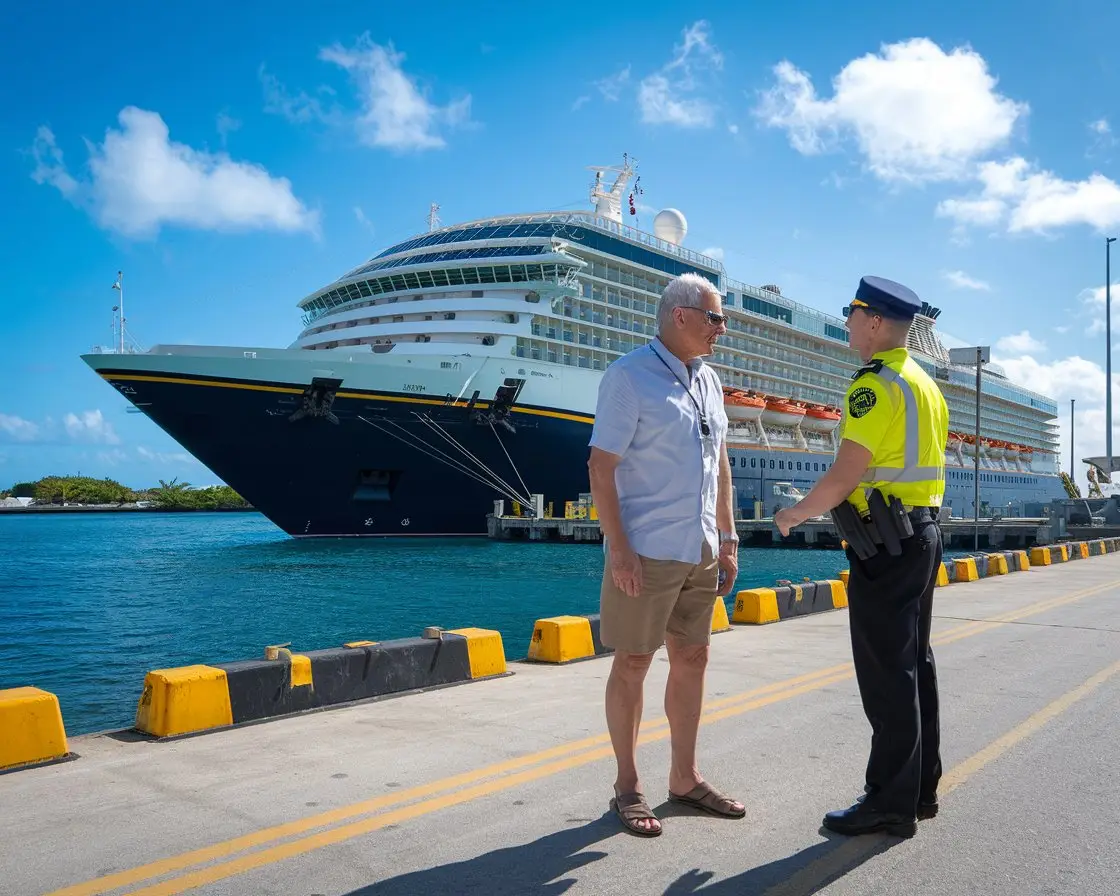 Older man in shorts talking to a customs officer with a cruise ship in the background on a sunny day at Cruise Port of Nassau, Bahamas