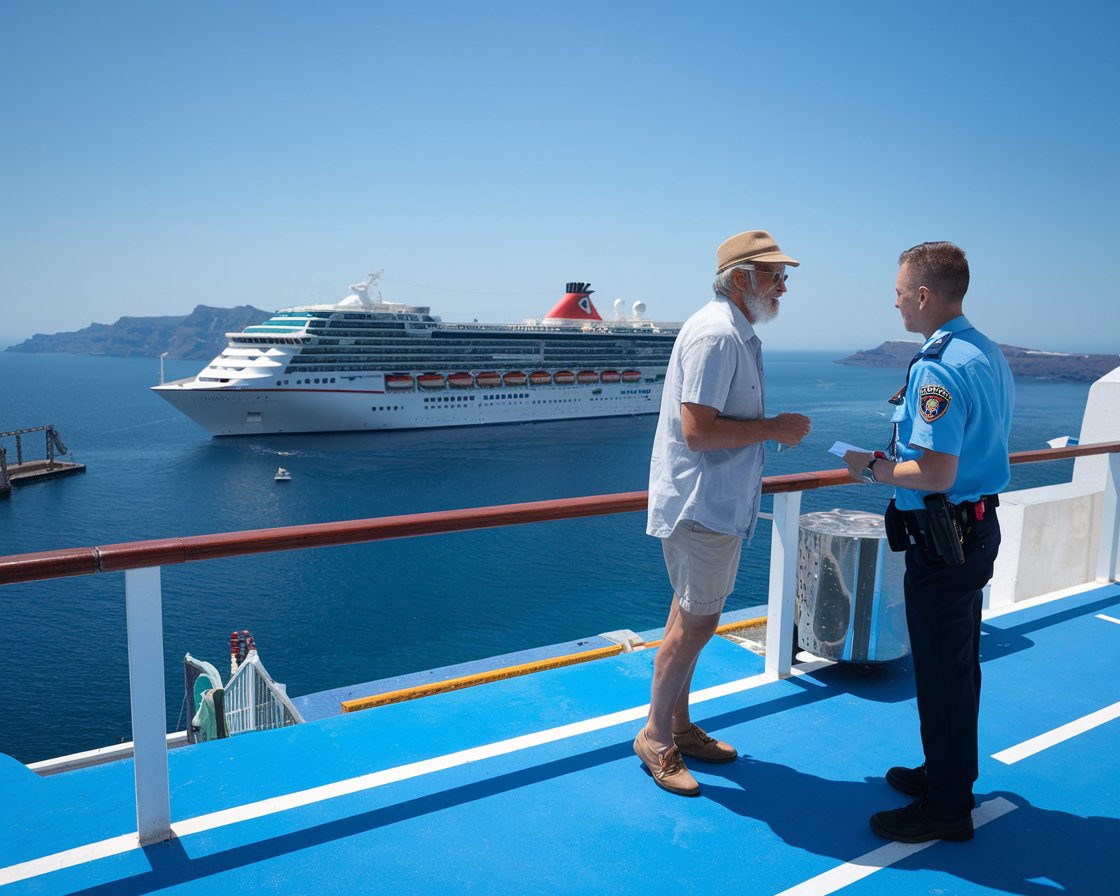 Older man in shorts talking to a customs officer with a cruise ship in the background on a sunny day at Santorini Cruise port