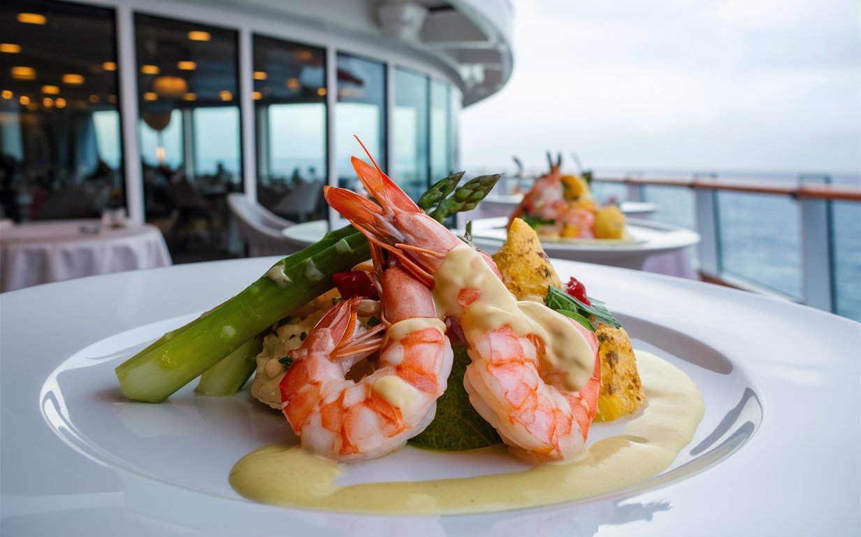 Prawn dish on the deck of a cruise ship