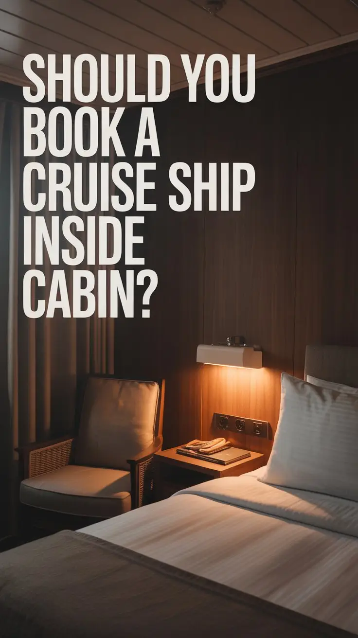 A moody product shot advertisement for a cruise ship interior cabin, focusing on the intimate and cozy atmosphere of an inside cabin experience. The scene depicts a small, warmly lit cabin with dark wood paneling and plush, neutral-toned bedding, showcasing a single reading lamp casting a soft glow across a comfortable armchair and a small writing desk. Positioned prominently in the upper left corner is the bold, aligned left text "Should you Book a Cruise Ship Inside Cabin?" in a clean, modern sans-serif font against the dark background, evoking a sense of quiet comfort and thoughtful consideration while subtly suggesting the appeal of affordable travel. The overall aesthetic is inviting and understated, emphasizing the cabin’s practicality and creating a feeling of peaceful retreat.