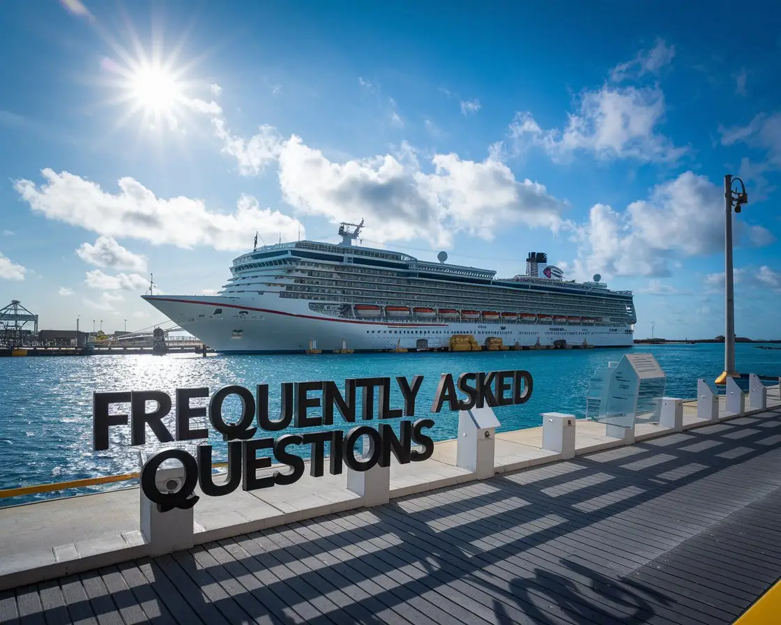 Sign “Frequently Asked Questions” with a cruise ship in the background on a sunny day at Cruise Port of Nassau, Bahamas