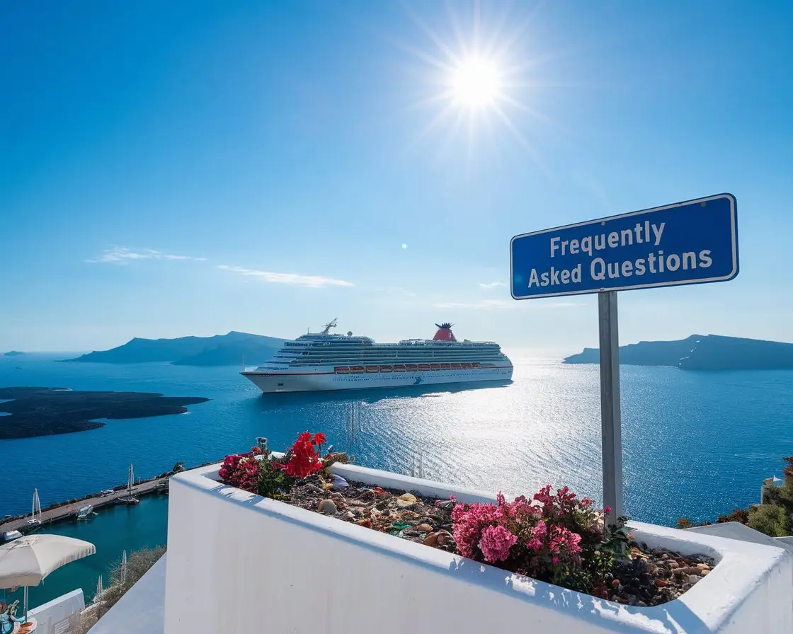 Sign “Frequently Asked Questions” with a cruise ship in the background on a sunny day at Santorini Cruise Port