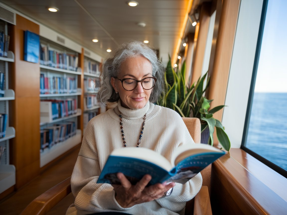 Single lady reading a book in the library on a cruise ship