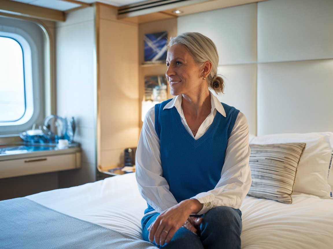 Single lady sitting on the bed in her cabin on a cruise ship