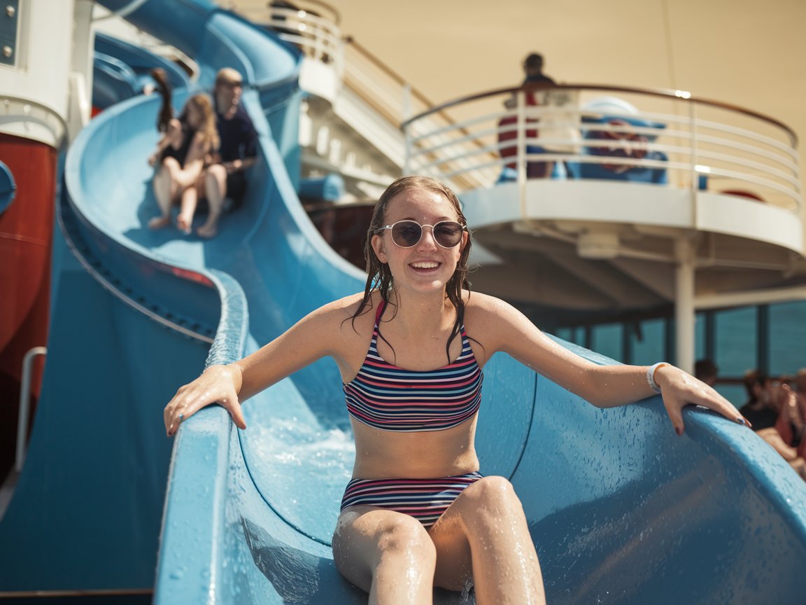 Teenager on a water slide on a cruise ship