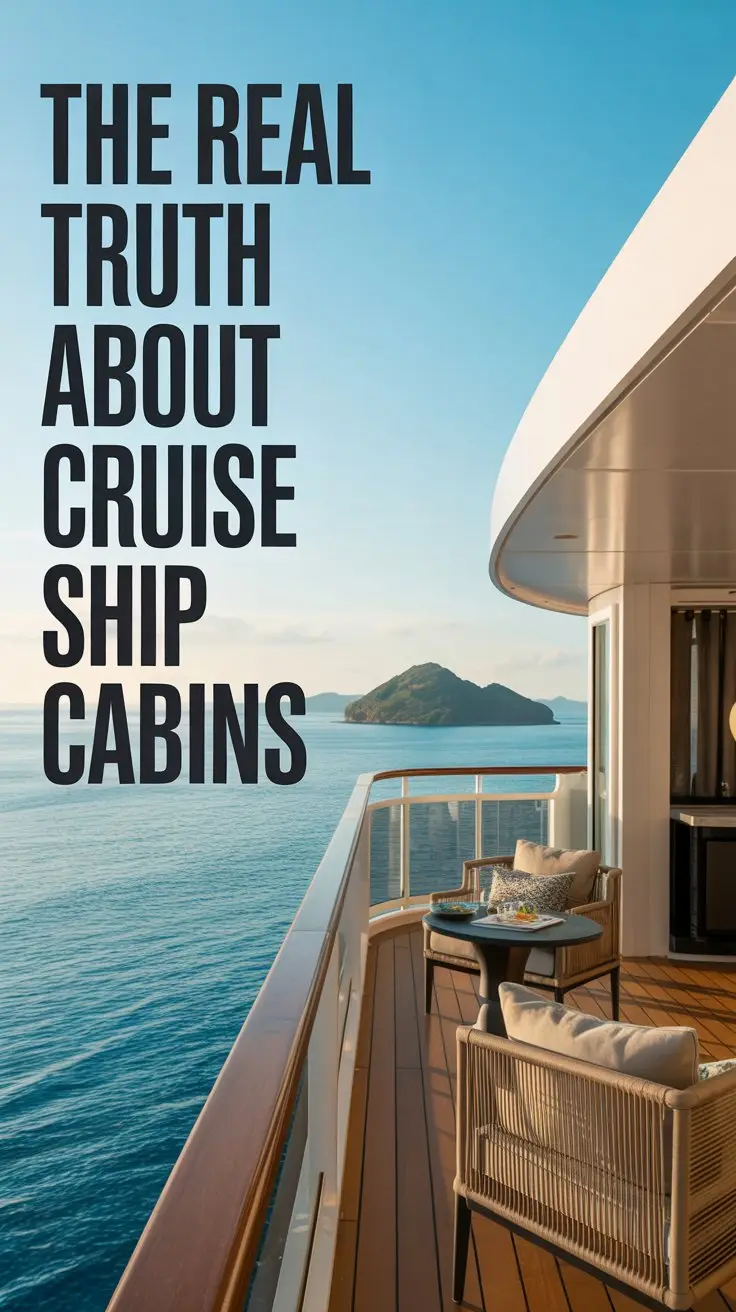 A high-resolution lifestyle advertisement for a luxury cruise line showcases a spacious balcony suite cabin, bathed in the warm glow of a bright, sunny day overlooking a turquoise ocean. The suite features elegant, modern furniture with neutral tones, plush bedding, and floor-to-ceiling windows revealing a panoramic view of a tropical island, with a small, tastefully decorated table set for two on the balcony. Aligned to the left of the frame, bold, sans-serif text reads "The Real Truth About Cruise Ship Cabins" against a slightly blurred background, ensuring readability while maintaining focus on the cabin’s luxurious amenities and breathtaking vista, creating a sophisticated and aspirational mood. The overall aesthetic emphasizes comfort, exclusivity, and the promise of an unforgettable vacation experience.
