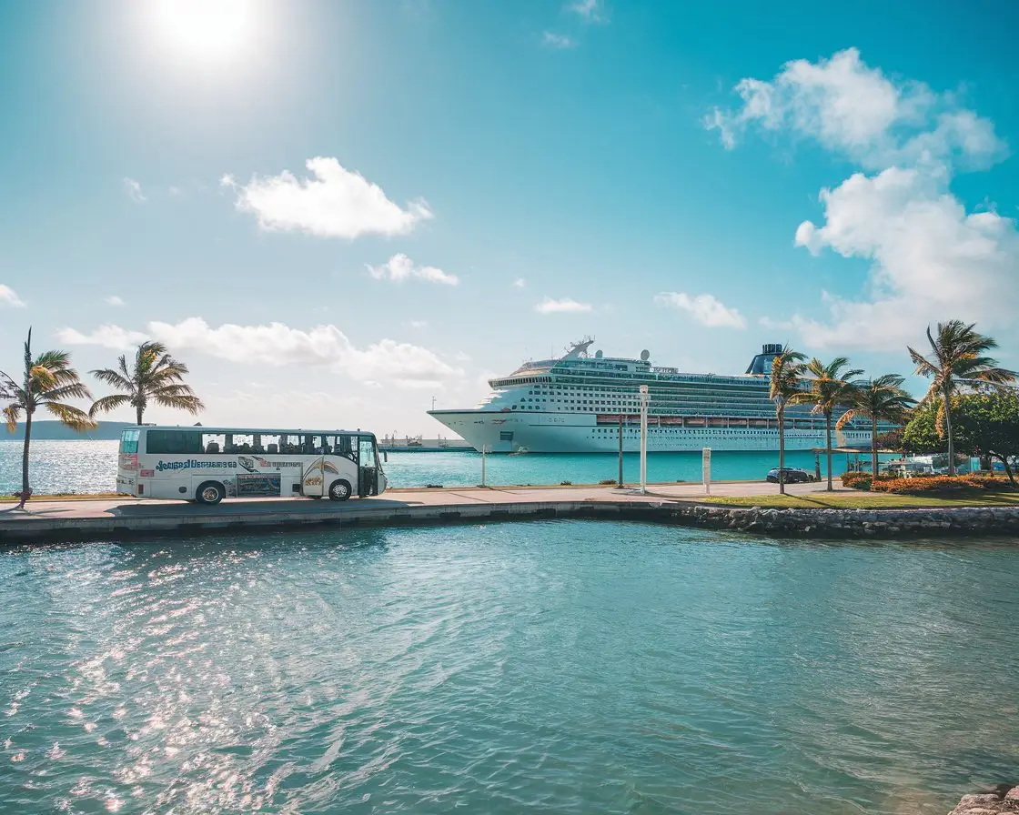 Tour bus at Cruise Port of Nassau, Bahamas with a cruise ship in the background on a sunny day