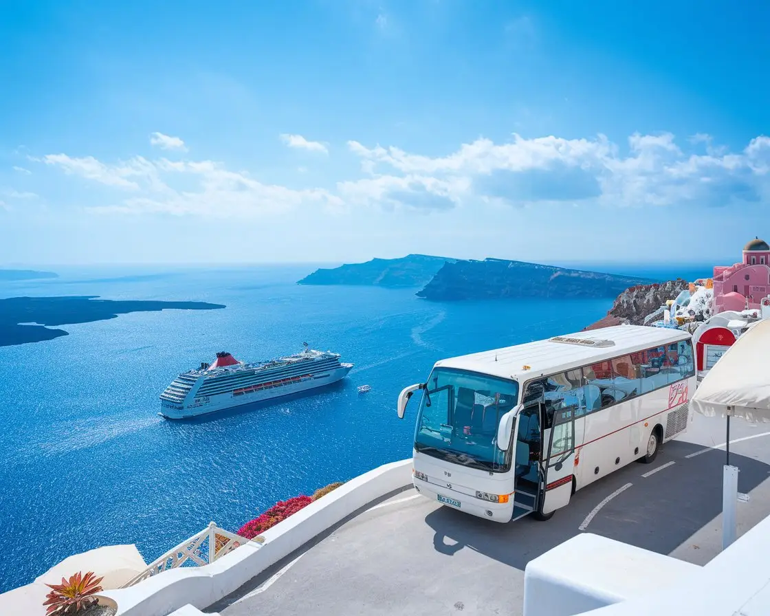 Tour bus at Santorini, Greece with a cruise ship in the background on a sunny day