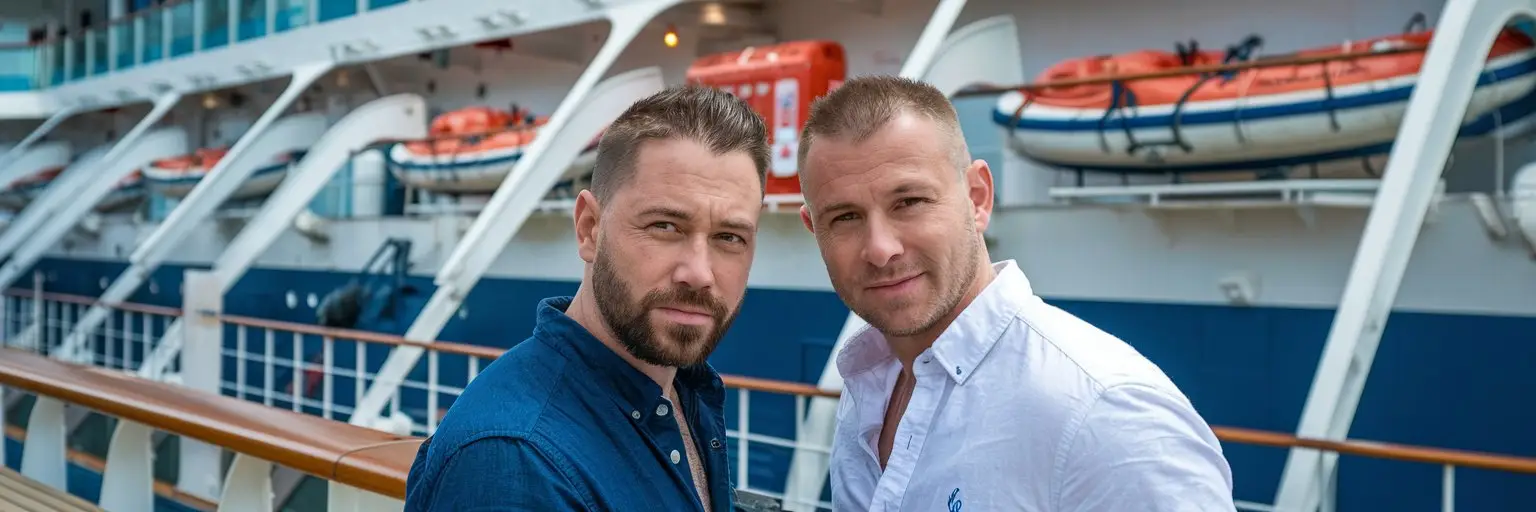 Two men standing on a cruise ship