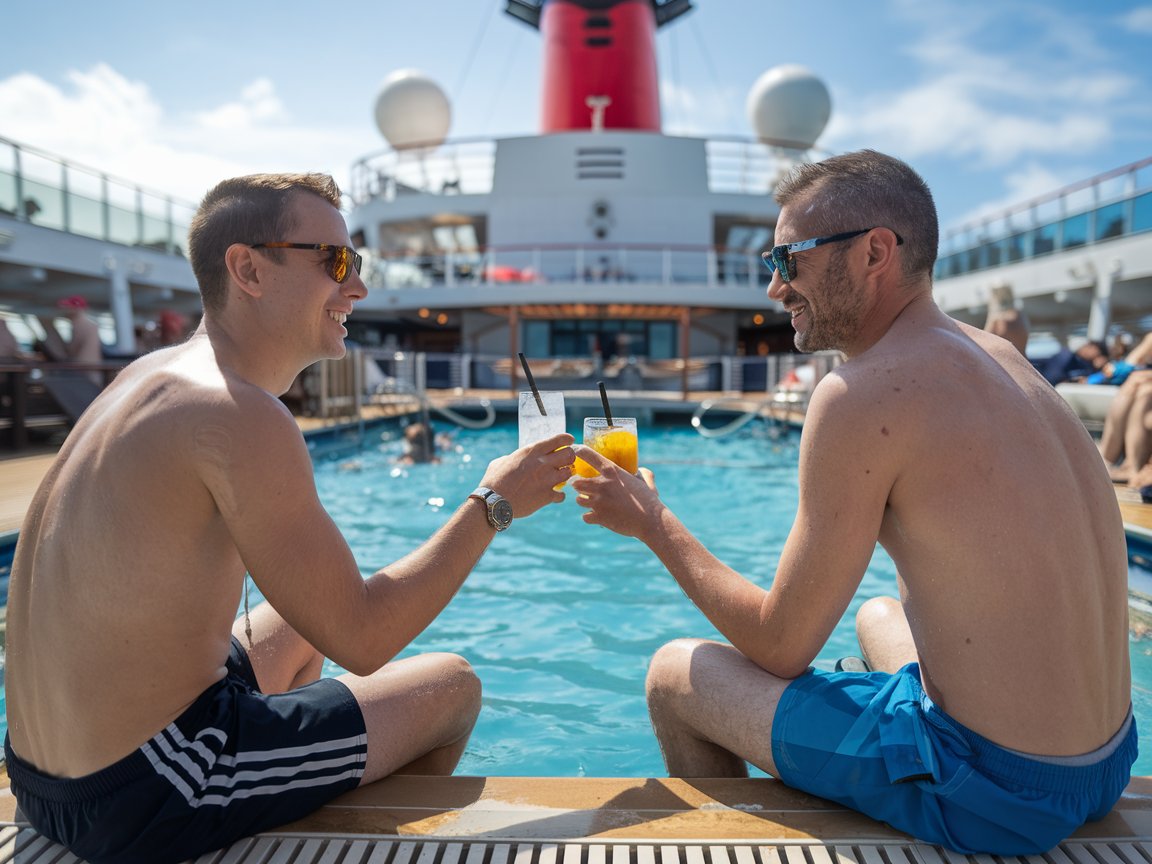 Two men toasting a drink by the pool on a cruise ship