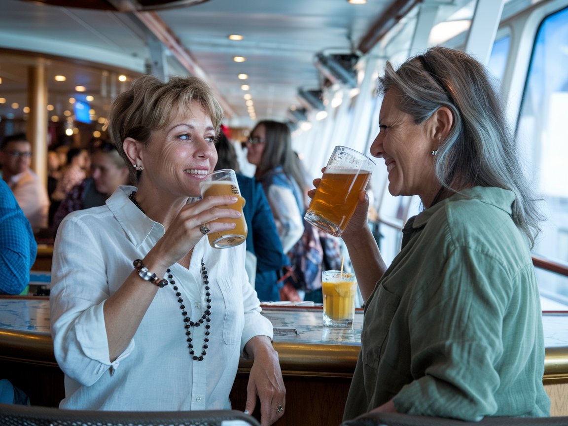 Two single ladies enjoying a drink at the bar on a cruise ship