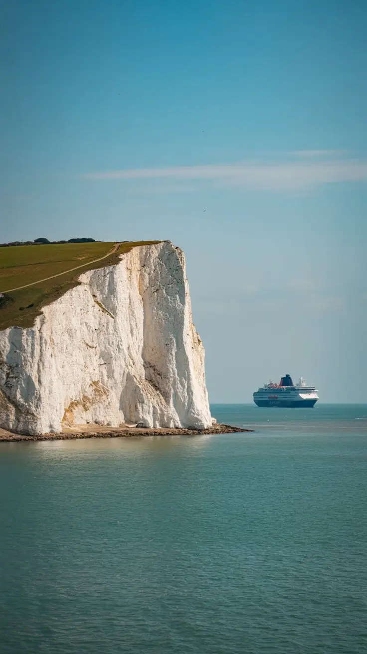 A photograph of the iconic White Cliffs of Dover bathed in the golden light of a bright sunny day. The towering chalk cliffs rise majestically from the turquoise waters of the English Channel, showcasing their textured surface and stark white color. In the far distance, a large cruise ship with white and blue hull slowly cruises along the horizon, providing a subtle sense of scale. Soft shadows stretch across the foreground, highlighting the undulating contours of the grassy clifftop, while a clear blue sky with a few wispy clouds completes the serene coastal view.