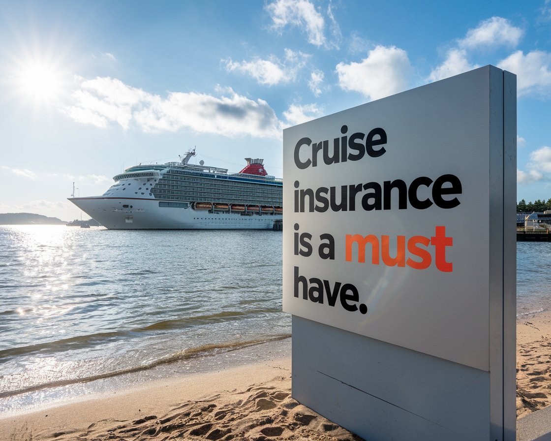 big modern sign Cruise Insurance is a must have. With a cruise ship in the background on a sunny day.