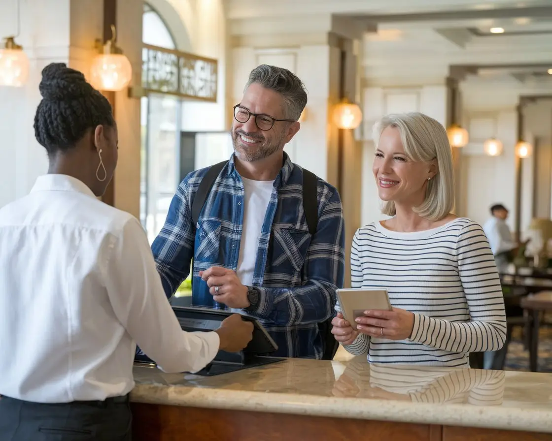 mid aged Man and mid aged lady dressed casually are at the front desk of a hotel talking to a staff member.