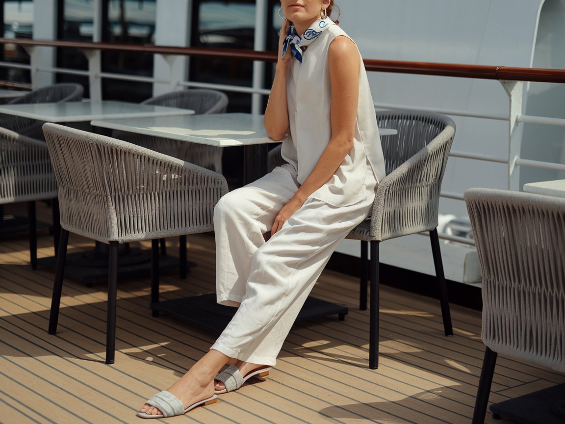 Go for a sleeveless white blouse tucked into relaxed linen pants, with simple flat slides. Add a pair of small hoop earrings and a lightweight scarf for a touch of elegance. Ideal for a leisurely breakfast on the ship's terrace on a sunny morning.