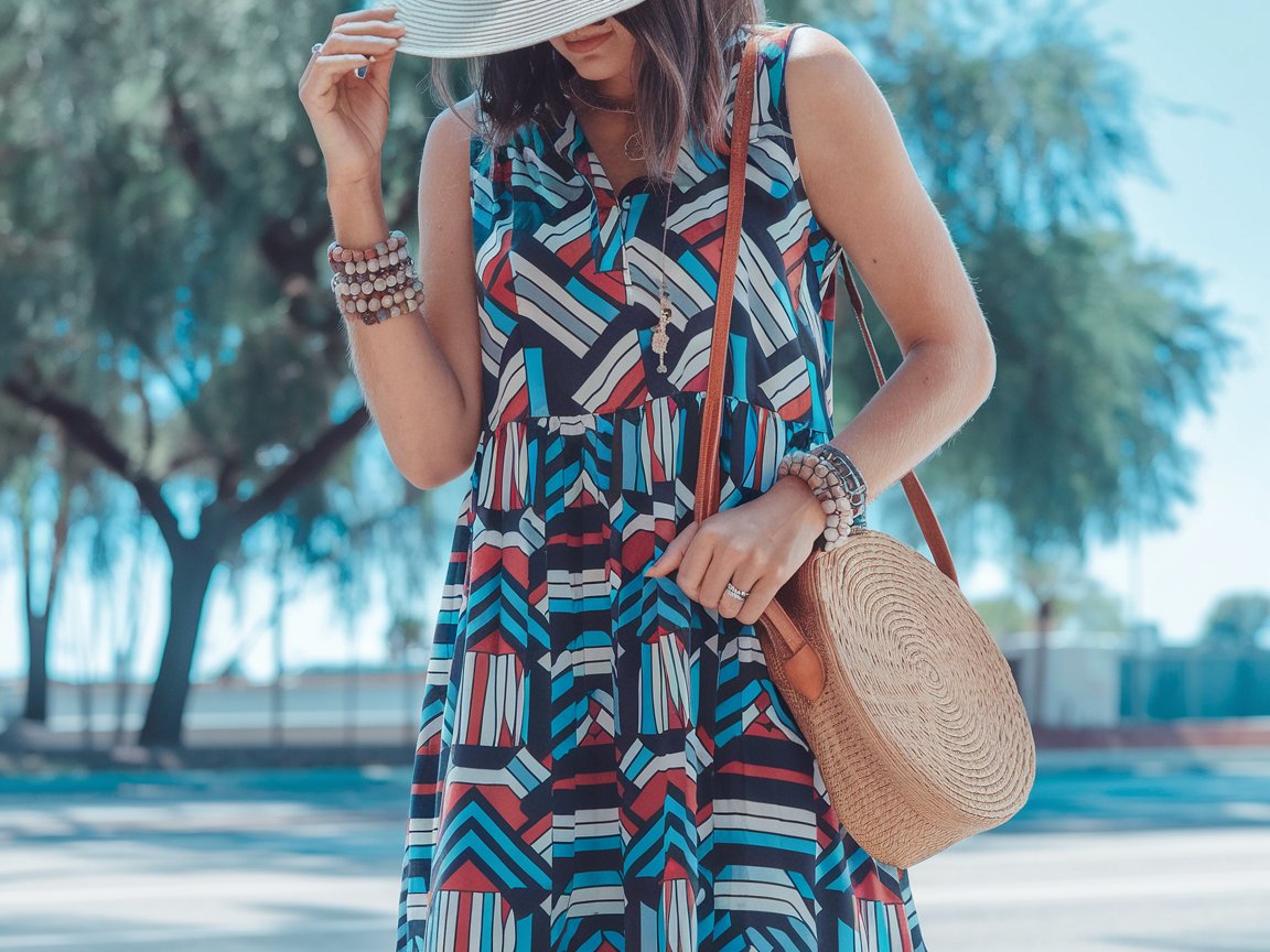 Wear a lightweight midi dress with a bold geometric print, paired with comfortable leather sandals. A crossbody bag, sun hat, and layered bracelets add character while keeping you comfortable for long walks. Sunny day.