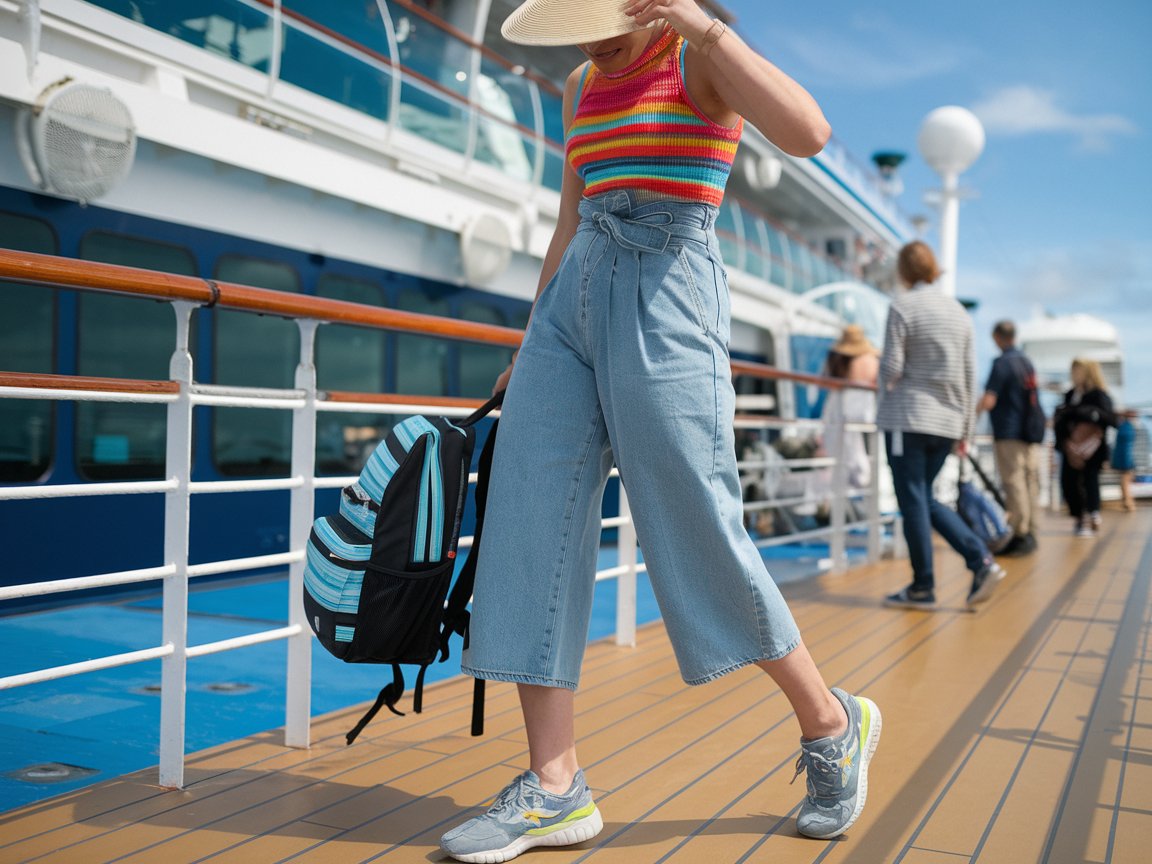 Wear high-waisted denim capris with a bright, striped top and comfy sneakers. Accessorize with a sun visor and backpack.On a cruise ship. sunny day