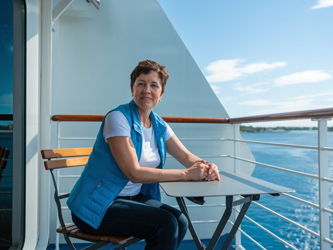 Lady sitting at a table on her balcony cabin on a cruise ship