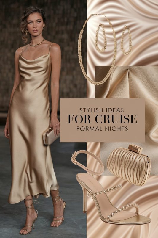 Mood board for a stunning evening wear for a cruise slip dress with matching shoes, clutch and erring