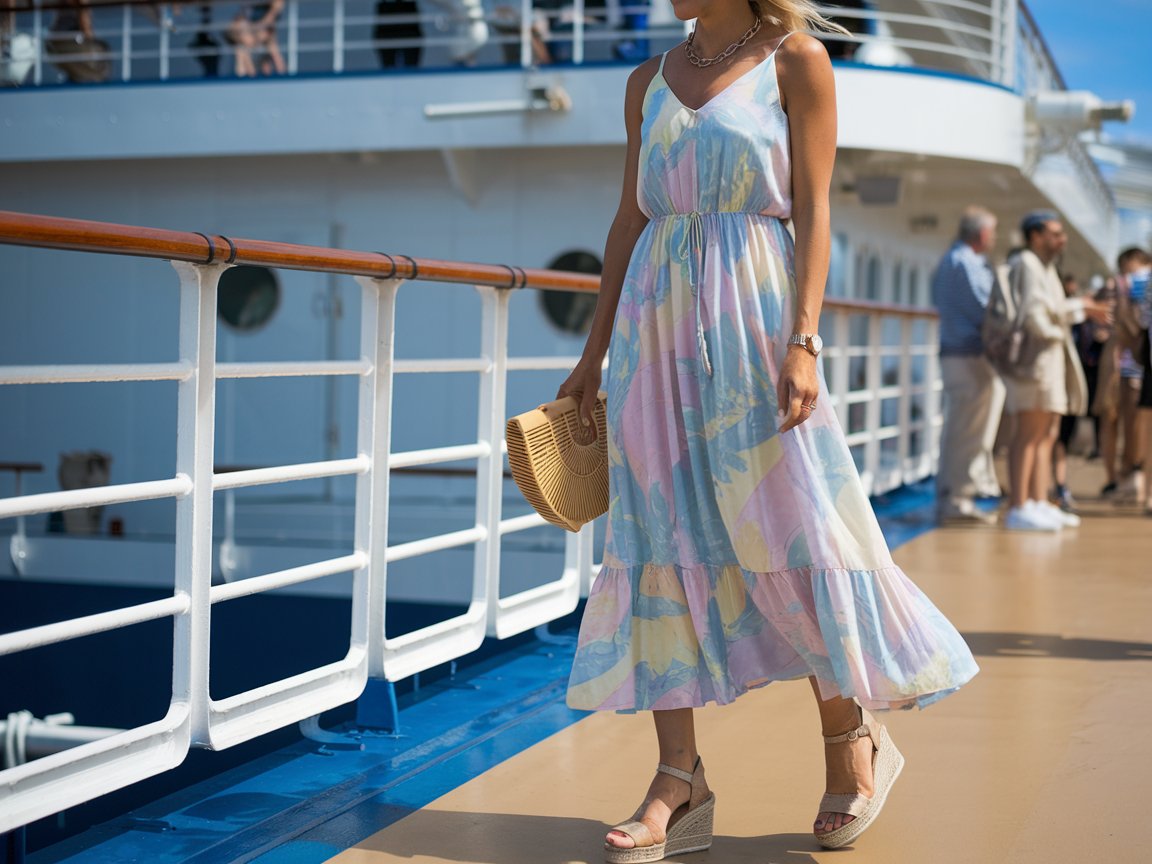 Choose a pastel-colored sundress with a cinched waist and flowy skirt, complemented by wedge sandals. Accessorize with a delicate chain necklace and a woven clutch. Sunny day on a cruise ship.