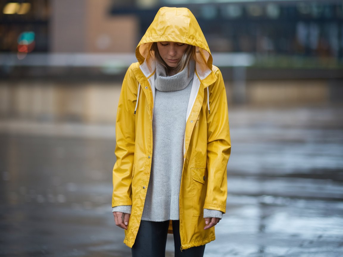 She stays dry with a lightweight, hooded raincoat in a bright color like yellow over black leggings and a gray sweater. Wear waterproof ankle boots and bring an umbrella for extra protection.