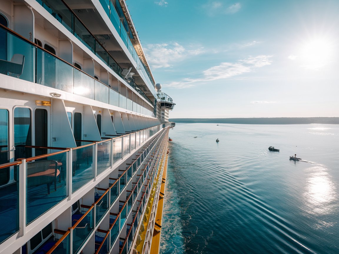 Side of a cruise ship with balcony cabins