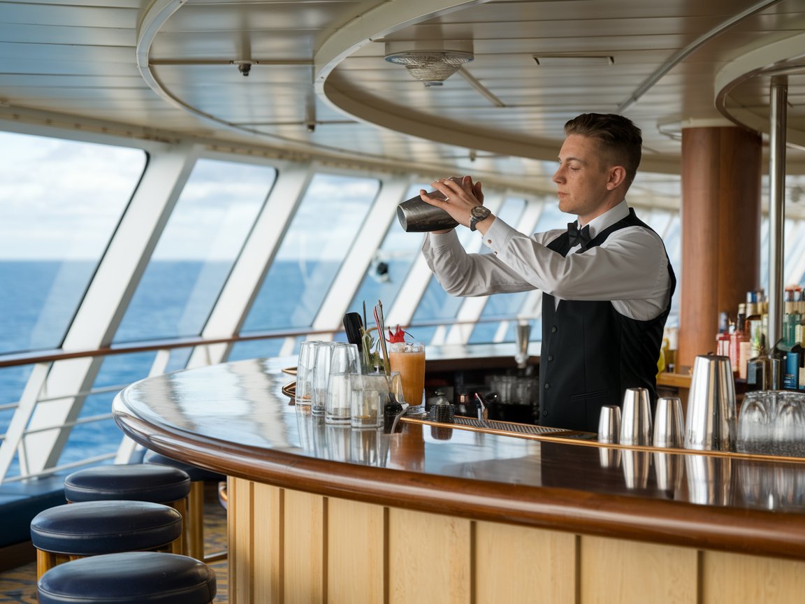 Bar tender shaking a cocktail in the singles bar on a cruise ship