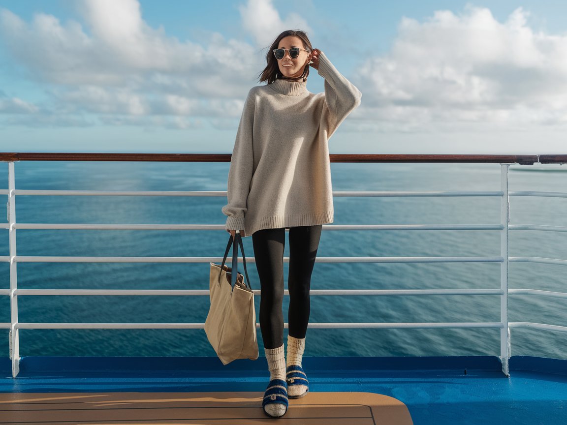 Wear a soft, oversized cashmere sweater with stretchy leggings and cozy socks for an ultra-relaxed spa experience. Slip-on sandals and a tote. Sunny day on a cruise ship.