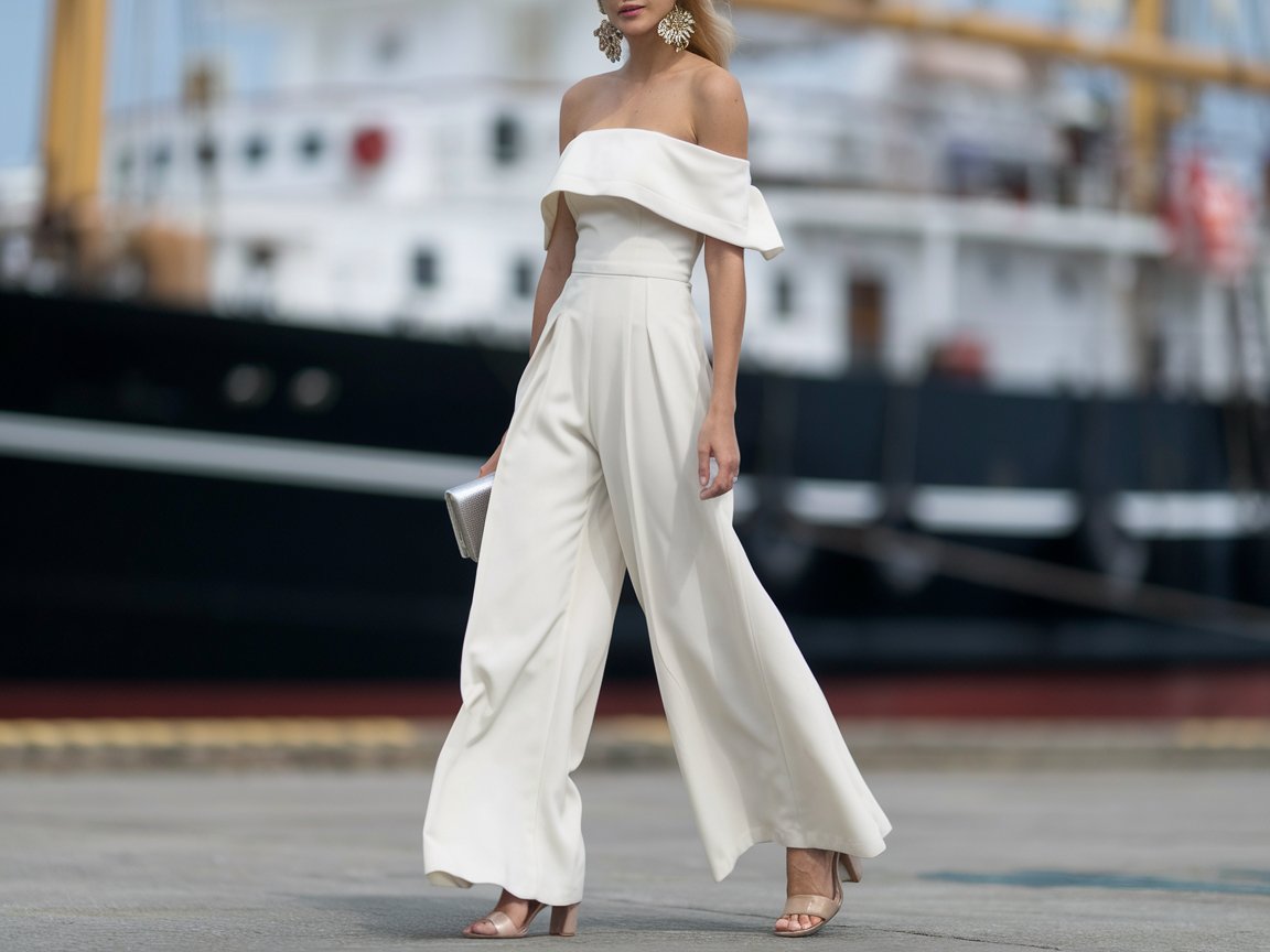 Dress in an off-the-shoulder white jumpsuit with wide legs, adding statement earrings in metallic gold. A pair of nude heeled sandals and a small silver clutch make this look sleek and chic. Perfect for themed nights on the ship!