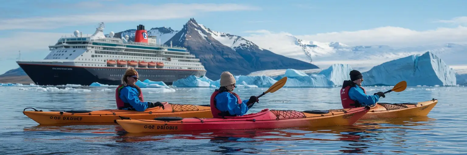 3 kayakers on wildlife up close with cruise ship and ice bergs on the background
