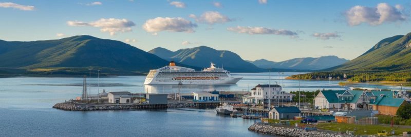 Cruise port of Provideniya, Russia with cruise ship on the background