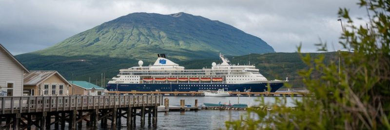 Kodiak Island, Alaska cruise port with cruise ship on the background