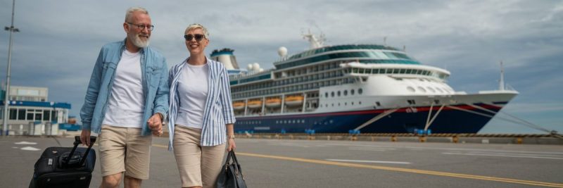 older couple casually dressed in shorts in Murmansk, Russia Cruise Port with a cruise ship in the background.