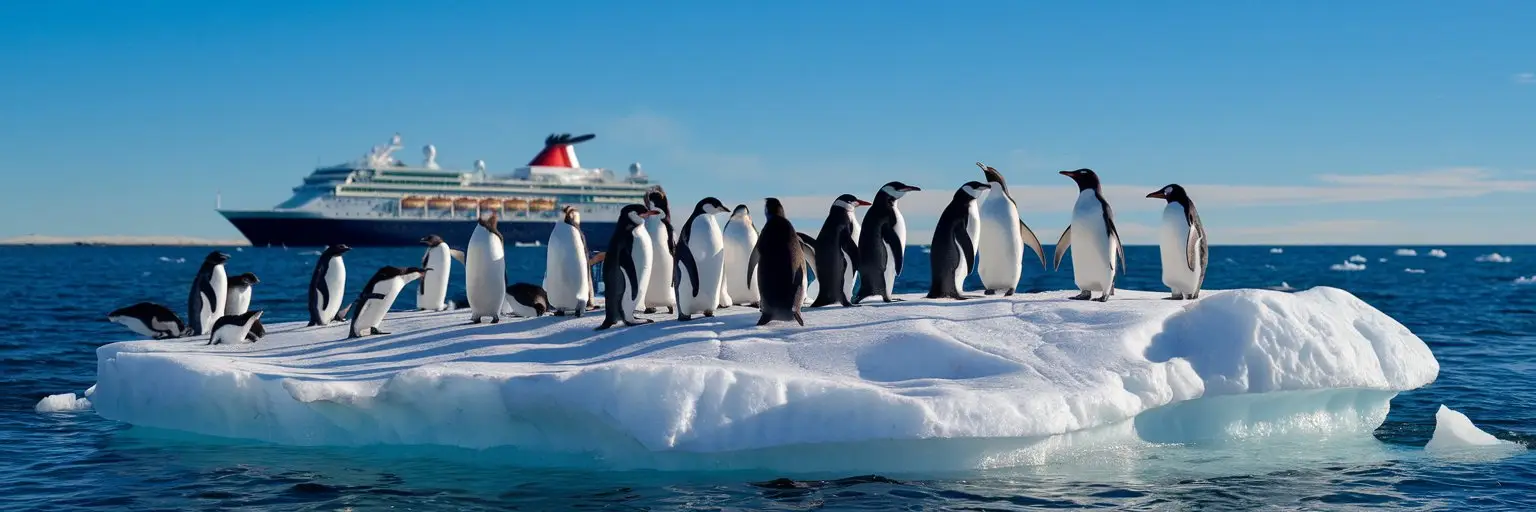 A group of penguins standing on an iceburge with a polar expedition cruise ship in the background