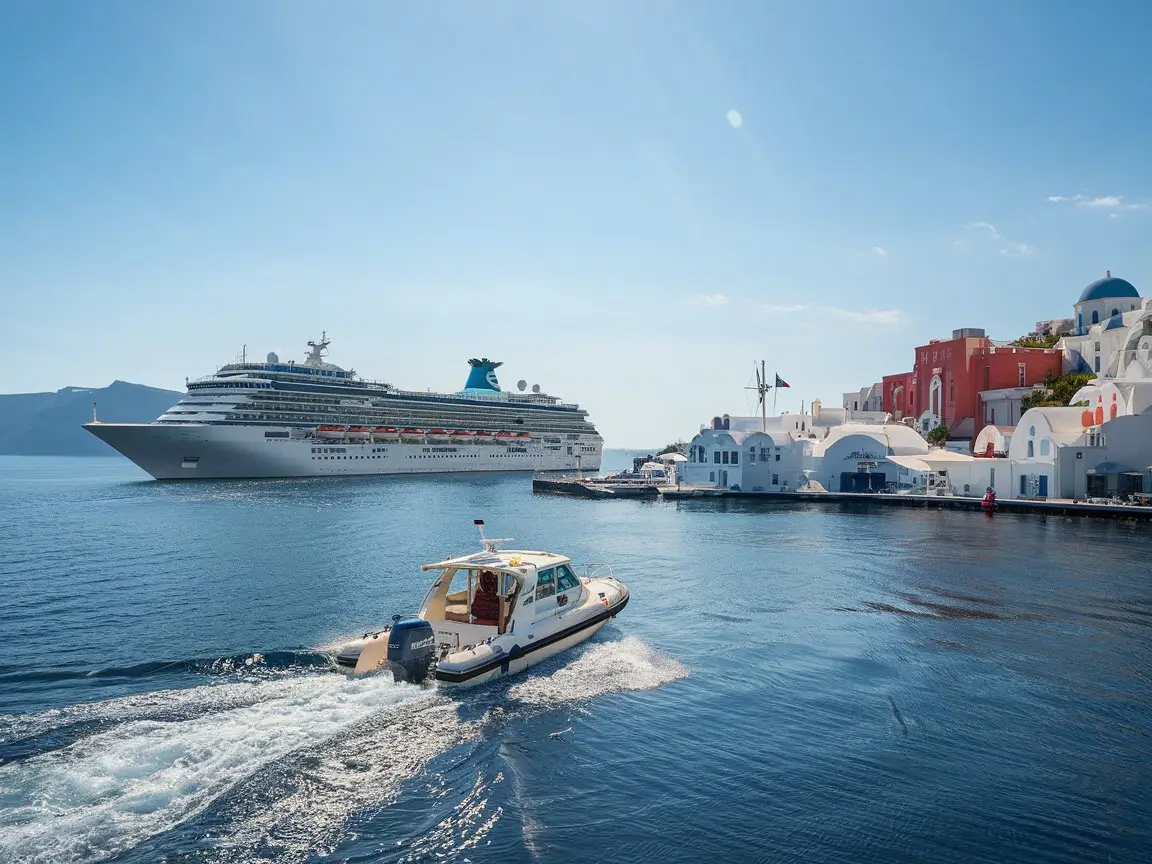 A photo of a cruise ship in the Santorini Caldera with a tender boat.