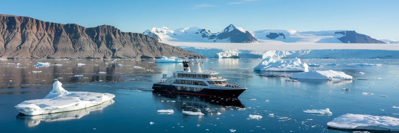 Aerial photo of a small luxury expedition cruise ship in the arctic