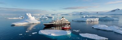 Aerial view of a small luxury polar cruise ship