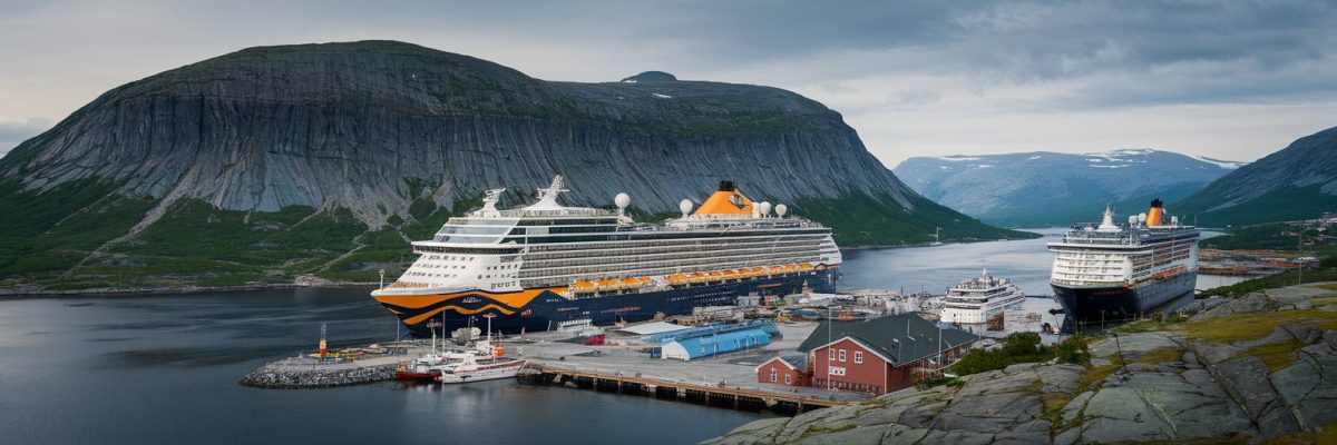 Alta, Norway cruise port with cruise ship on the background