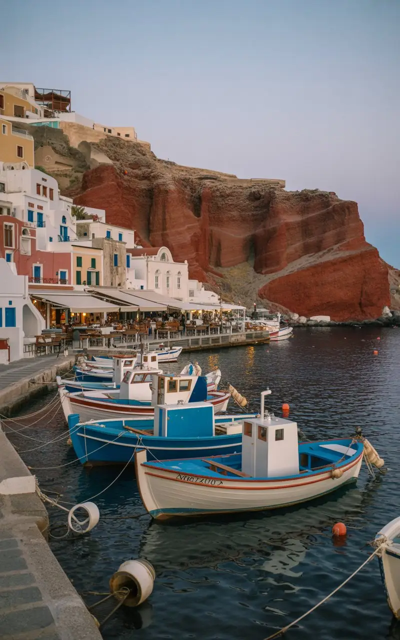 Ammoudi Bay Harbour in Santorini with little blue boats