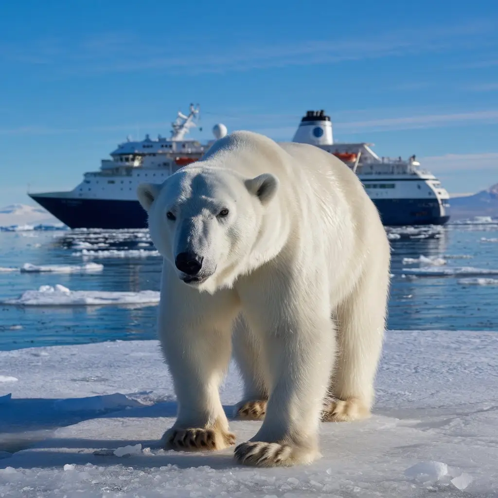 Close up of a Polar Bear with an expedition cruise ship nearby