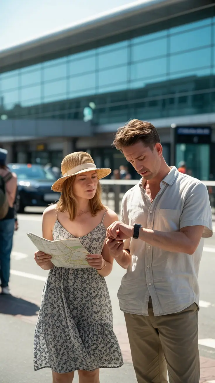 Couple at Gatwick airport waiting for a rental car