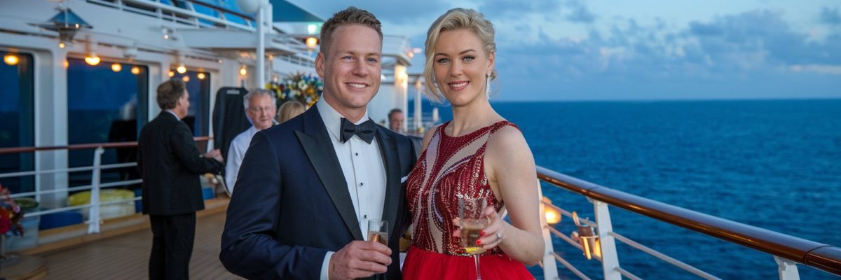 Couple dressed in cocktail outfits for a formal night on their cruise ship