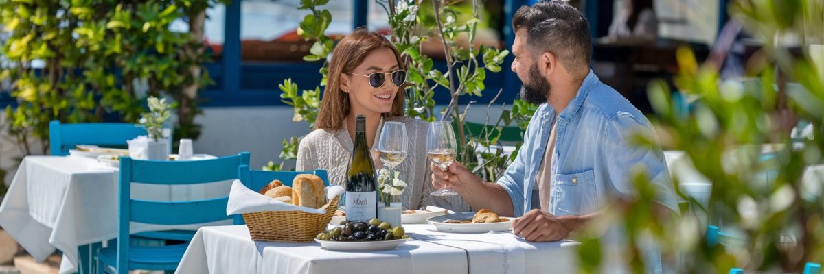 Couple in a Mediterranean restaurant in Greece trying the food