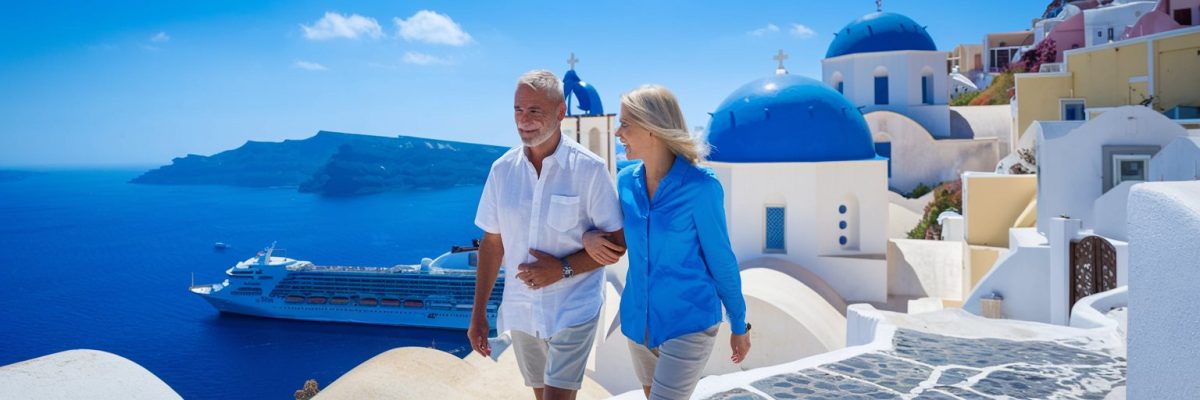 Couple walking in Santorini where their cruise ship is docked