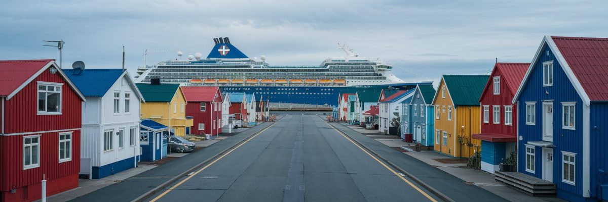 Cruise port of Husavik, Iceland with cruise ship on the background