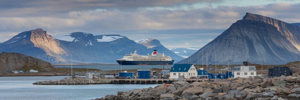 Cruise port of Narsarsuaq, Greenland with cruise ship on the background