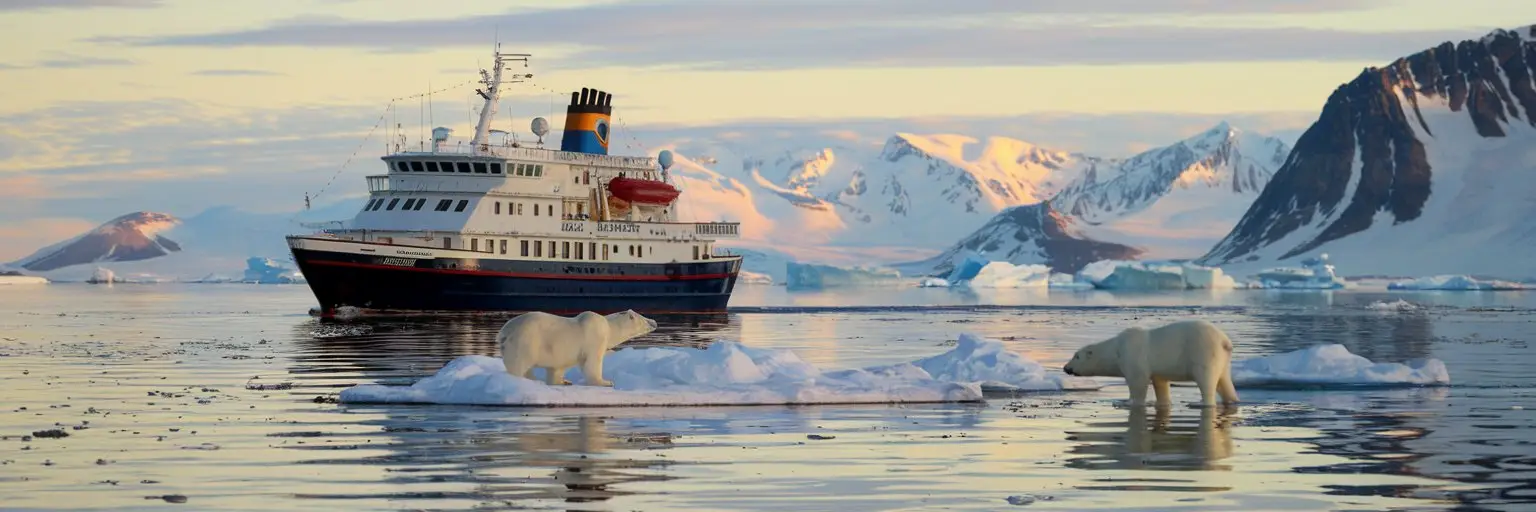 Cruise ship navigating Arctic with polar bears and seals