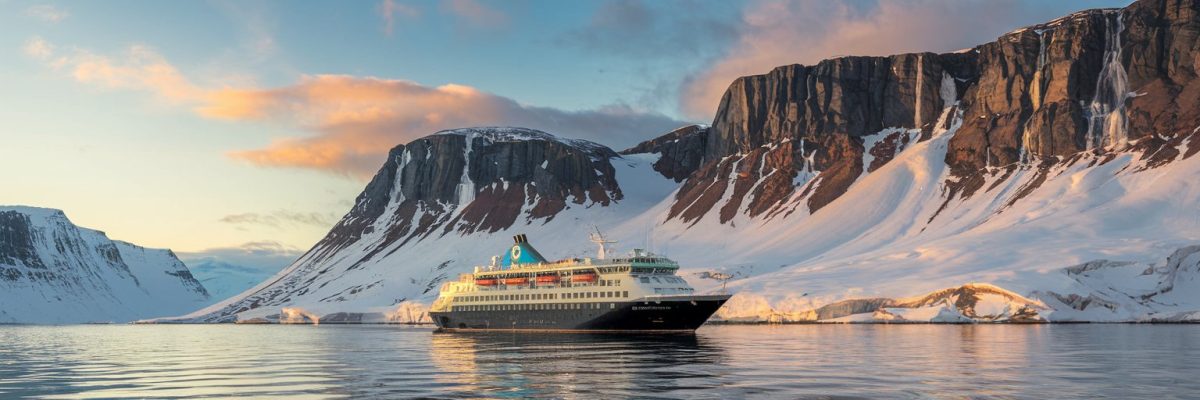 Cruise ship traveling to Tromsø and Svalbard with towering cliffs and waterfalls